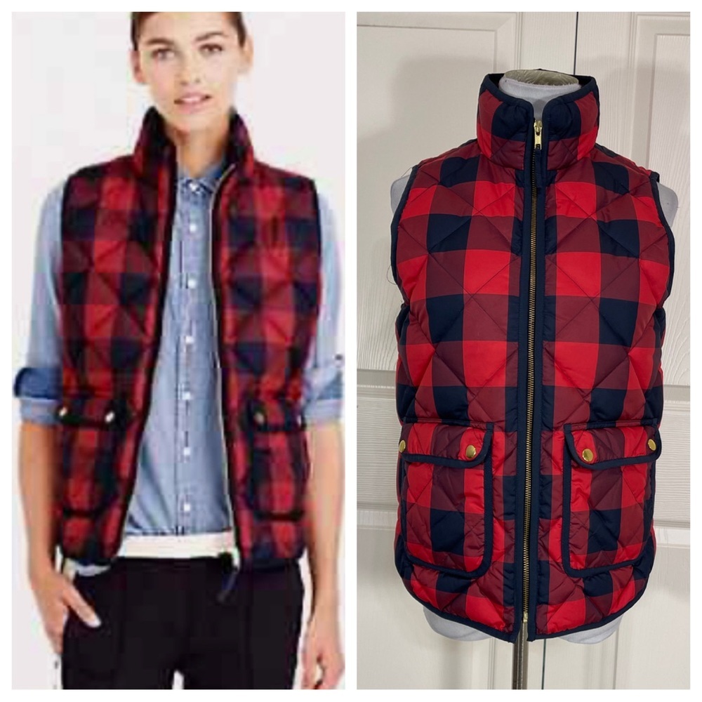 J. CREW Excursion Quilted Down Vest in Red Navy Buffalo Check B0255